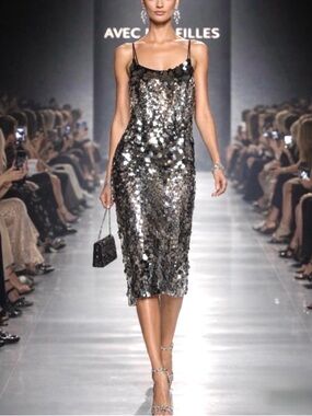 Avec Les Filles Silver Black Sequin Midi Dress 8 Cocktail Party Event NWT